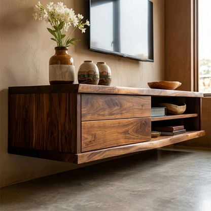Floating Solid Wood TV Stand with Dual Shelf Storage and Clean Modern Form - Elitegemse