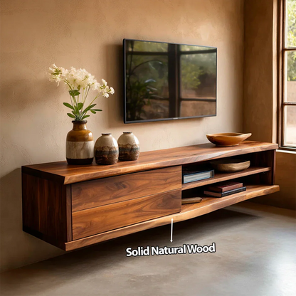 Floating Solid Wood TV Stand with Dual Shelf Storage and Clean Modern Form - Elitegemse