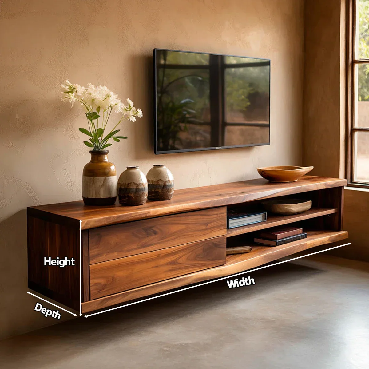 Floating Solid Wood TV Stand with Dual Shelf Storage and Clean Modern Form - Elitegemse