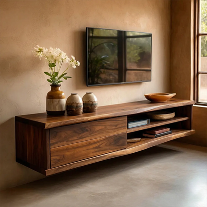 Floating Solid Wood TV Stand with Dual Shelf Storage and Clean Modern Form - Elitegemse