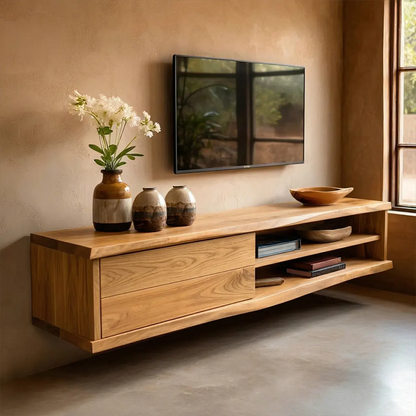 Floating Solid Wood TV Stand with Dual Shelf Storage and Clean Modern Form - Elitegemse