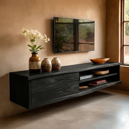 Floating Solid Wood TV Stand with Dual Shelf Storage and Clean Modern Form - Elitegemse