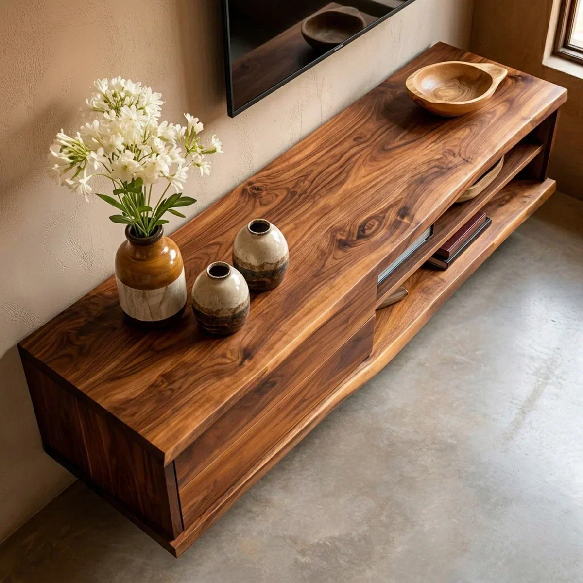 Floating Solid Wood TV Stand with Dual Shelf Storage and Clean Modern Form - Woodenecho