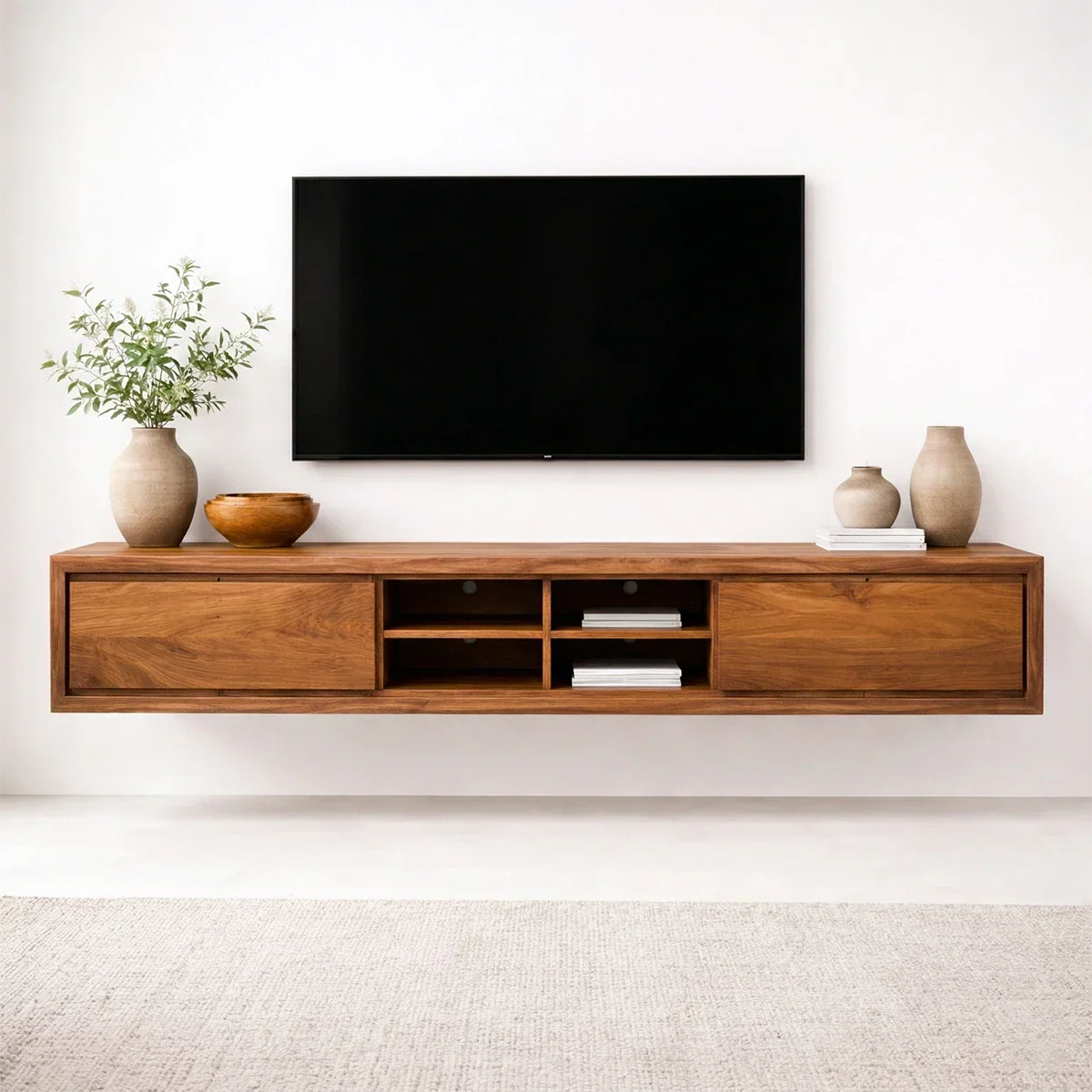 Floating Solid Wood TV Stand with Open Shelving Minimalist Media Console - Elitegemse