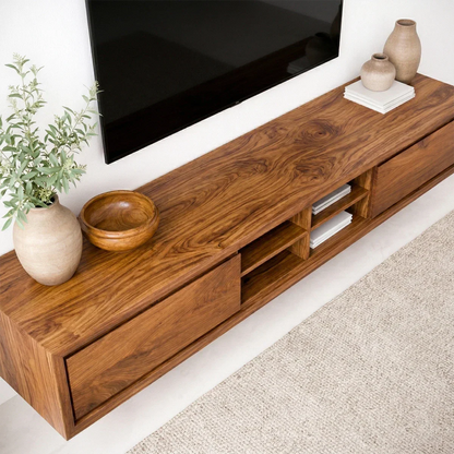 Floating Solid Wood TV Stand with Open Shelving Minimalist Media Console - Elitegemse