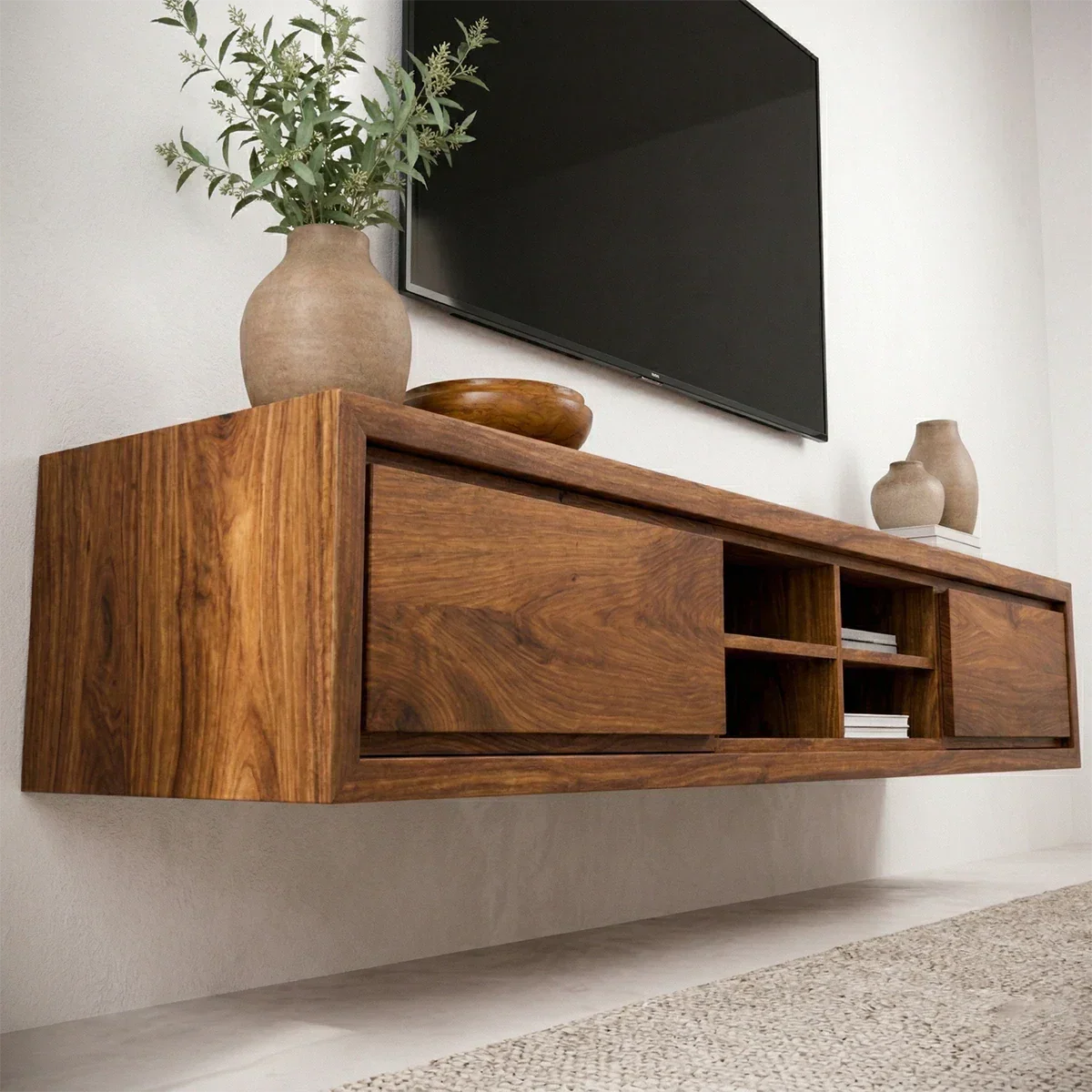 Floating Solid Wood TV Stand with Open Shelving Minimalist Media Console - Elitegemse