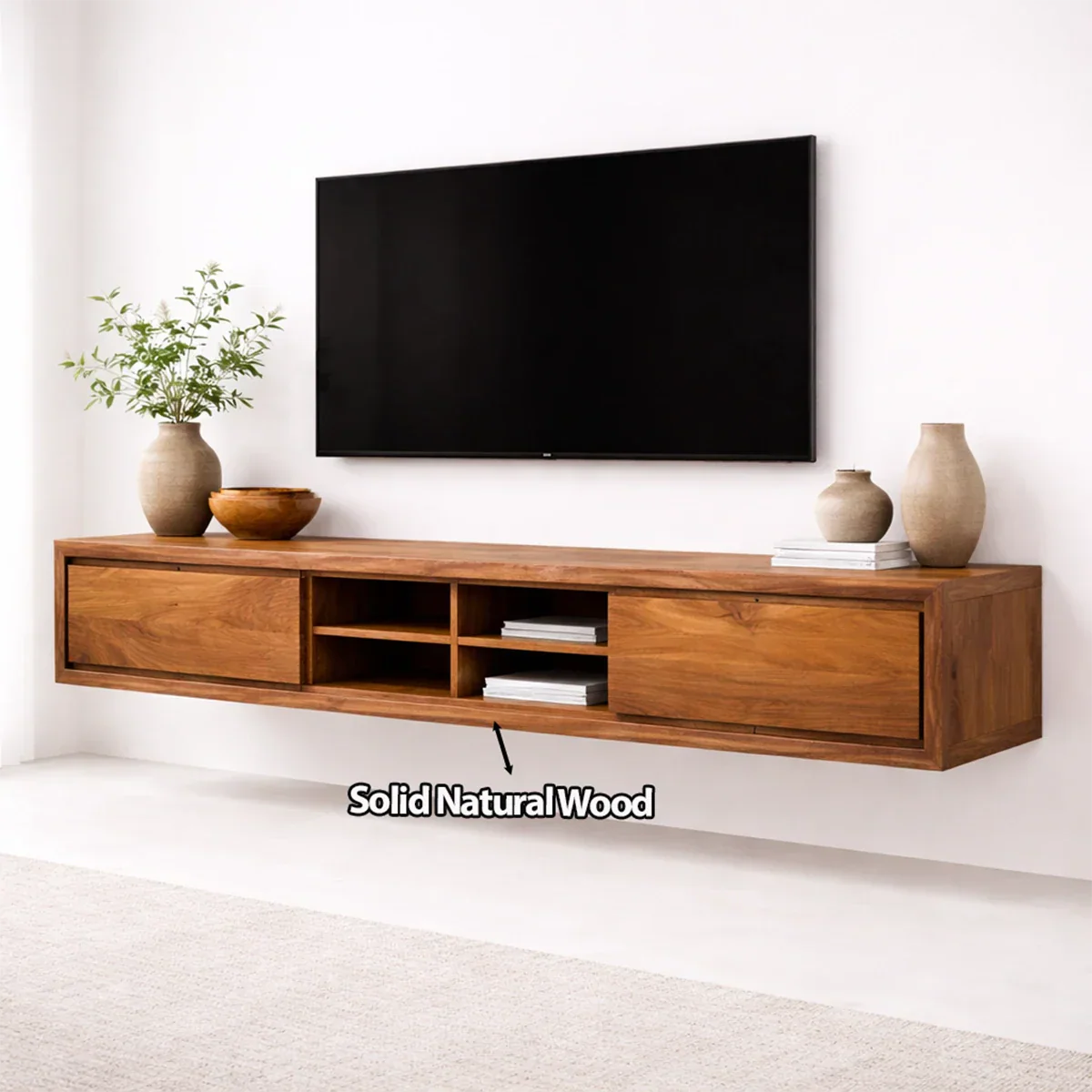 Floating Solid Wood TV Stand with Open Shelving Minimalist Media Console - Elitegemse