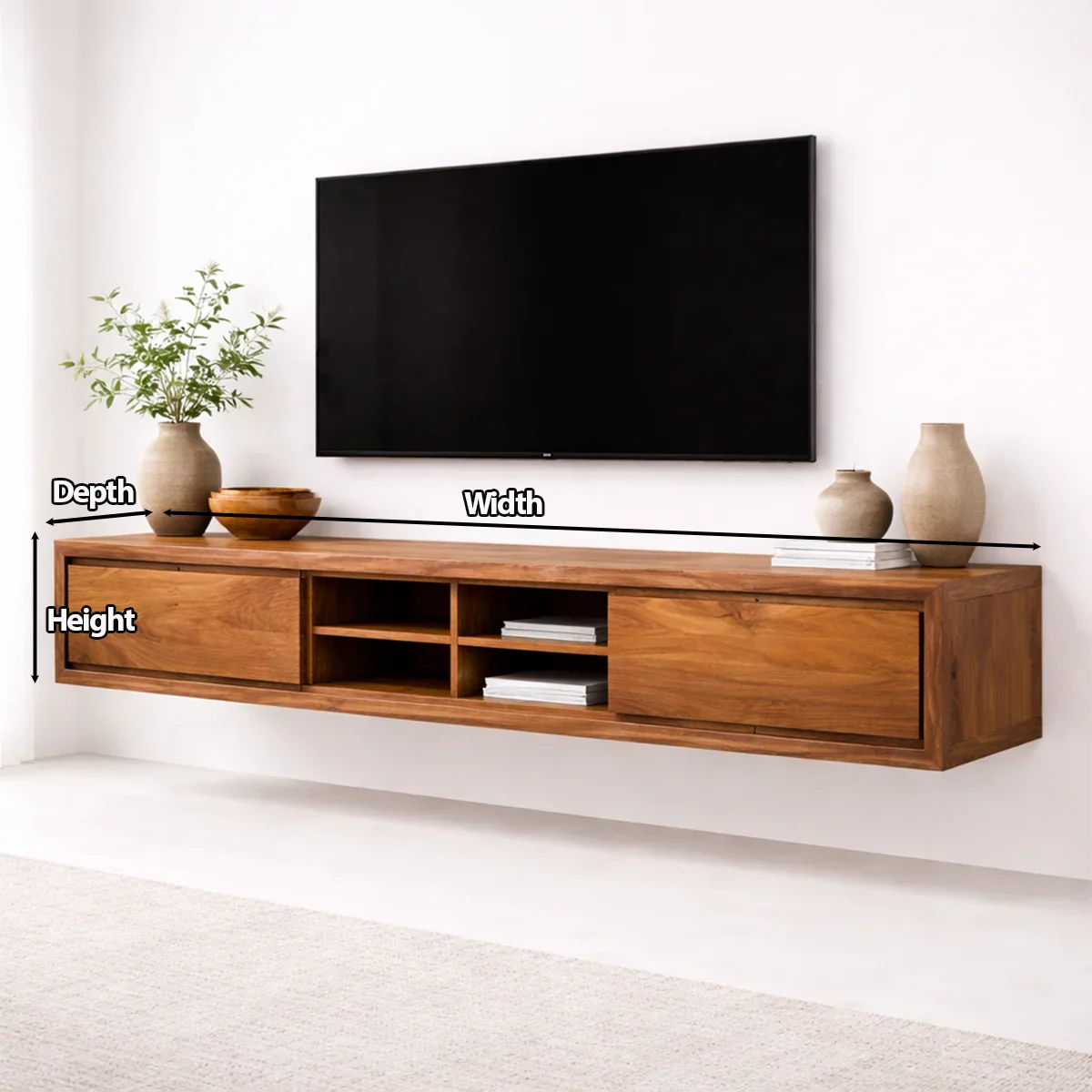 Floating Solid Wood TV Stand with Open Shelving Minimalist Media Console - Elitegemse