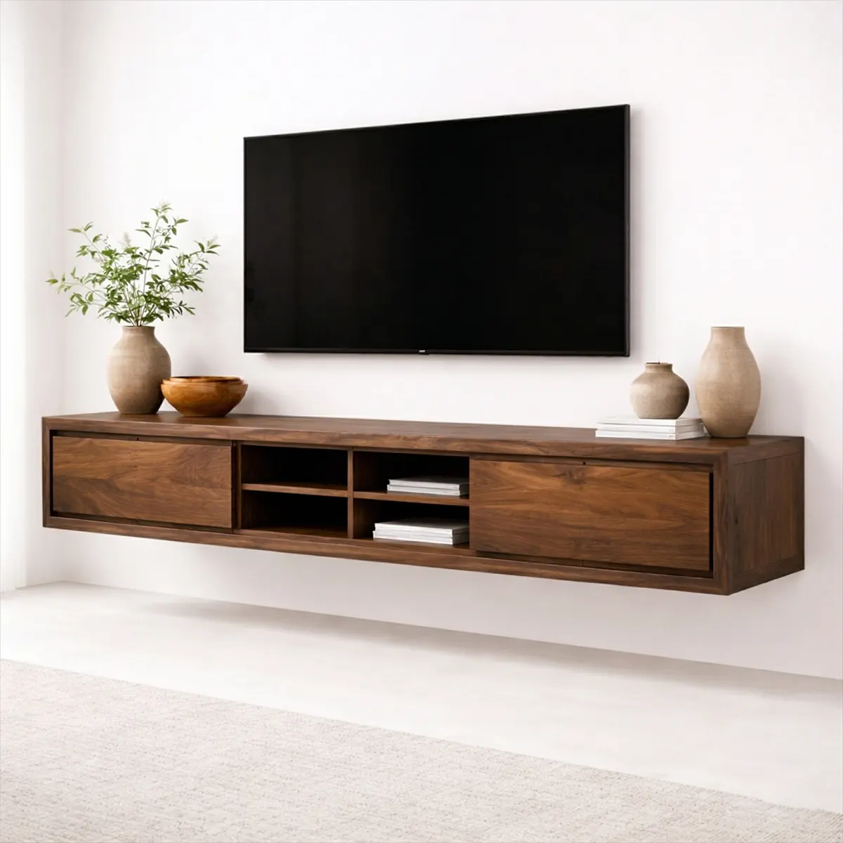 Floating Solid Wood TV Stand with Open Shelving Minimalist Media Console - Elitegemse