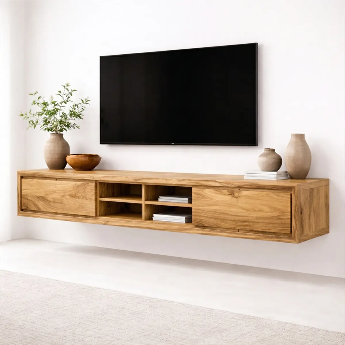 Floating Solid Wood TV Stand with Open Shelving Minimalist Media Console - Elitegemse