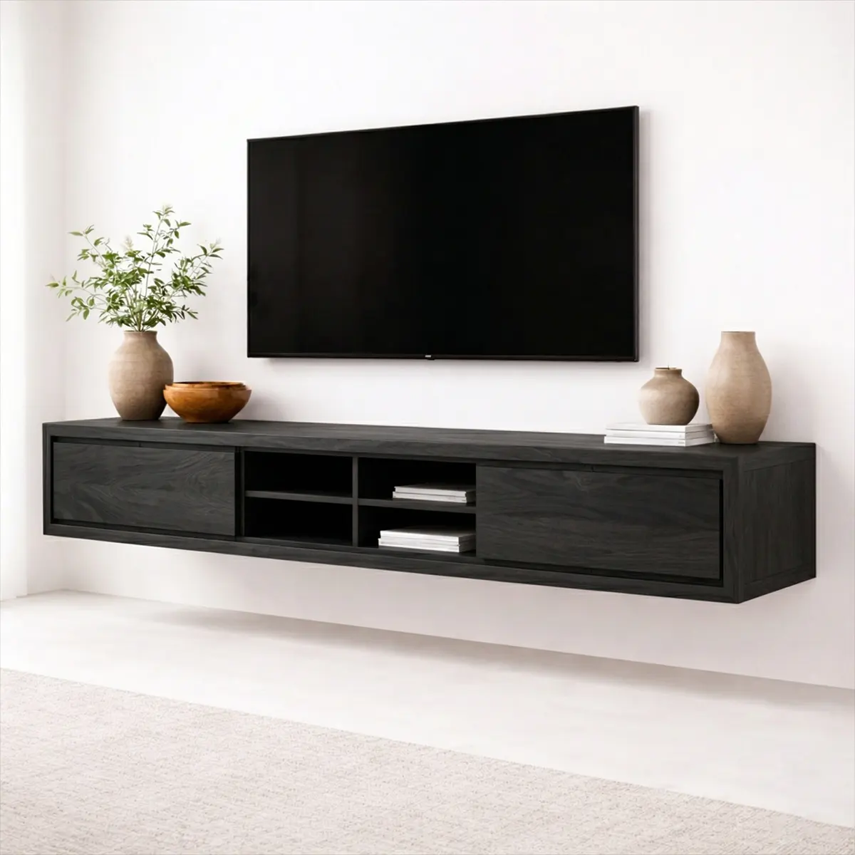 Floating Solid Wood TV Stand with Open Shelving Minimalist Media Console - Elitegemse