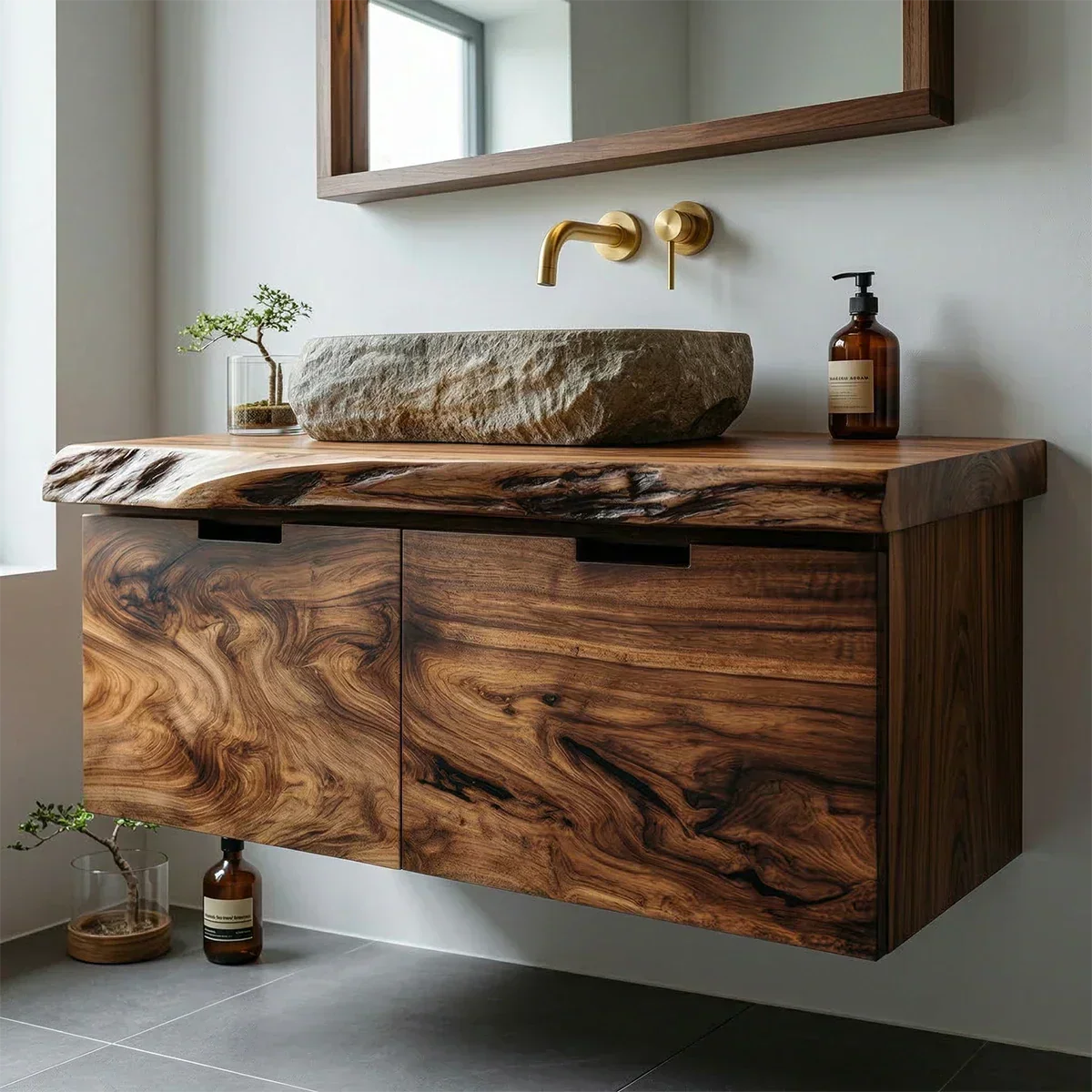 Floating Traditional Bathroom Vanity Cabinet in Natural Solid Wood - Elitegemse