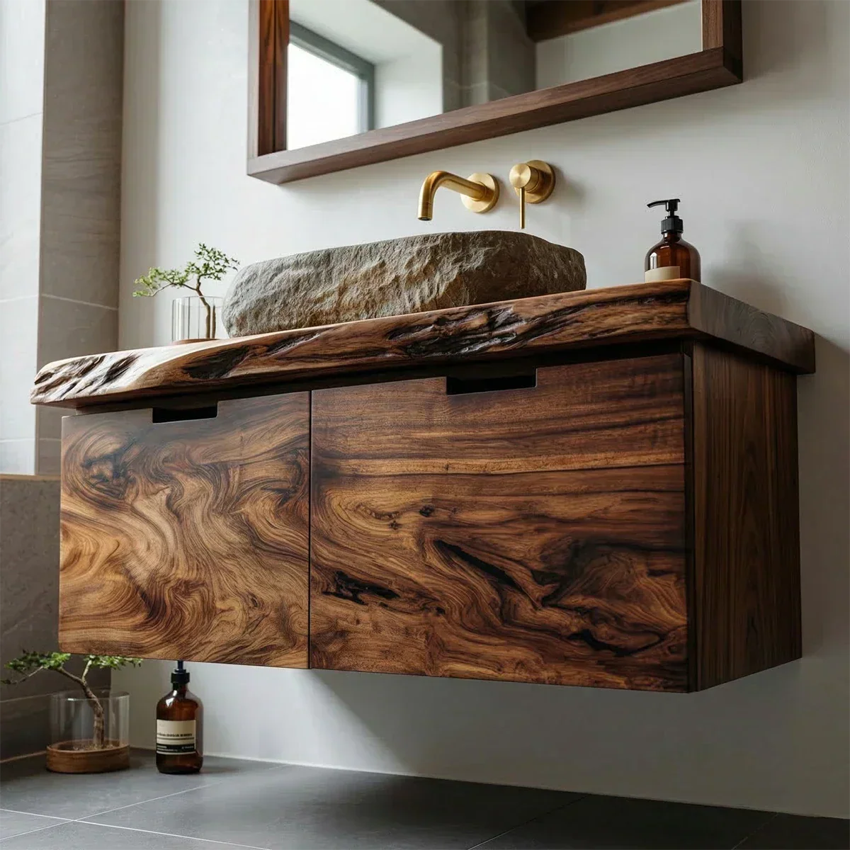 Floating Traditional Bathroom Vanity Cabinet in Natural Solid Wood - Elitegemse