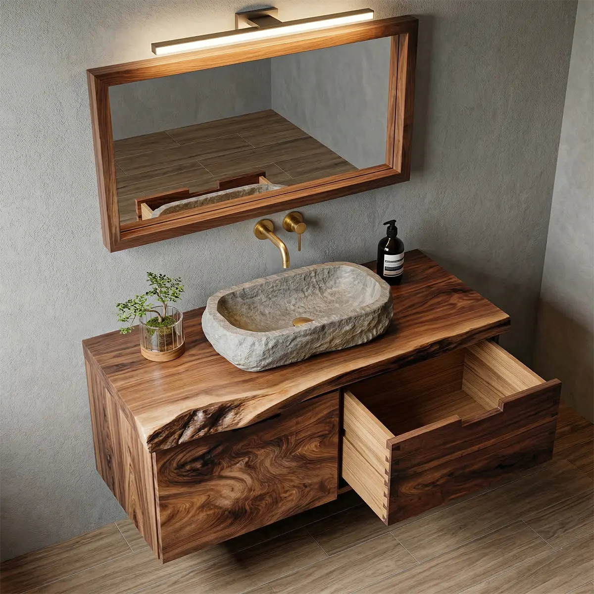 Floating Traditional Bathroom Vanity Cabinet in Natural Solid Wood - Elitegemse