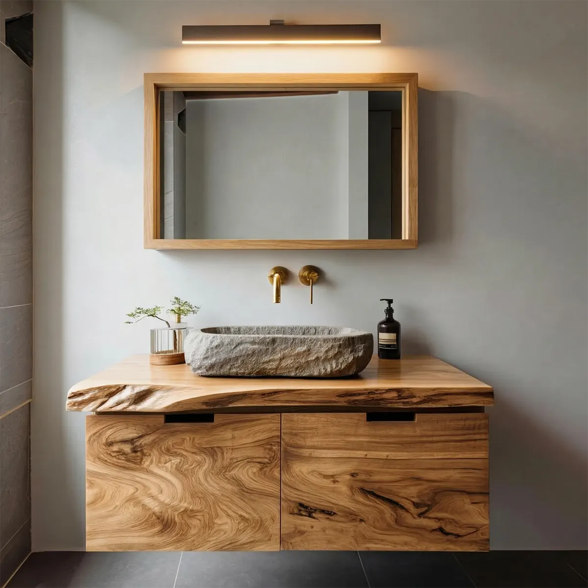 Floating Traditional Bathroom Vanity Cabinet in Natural Solid Wood - Elitegemse
