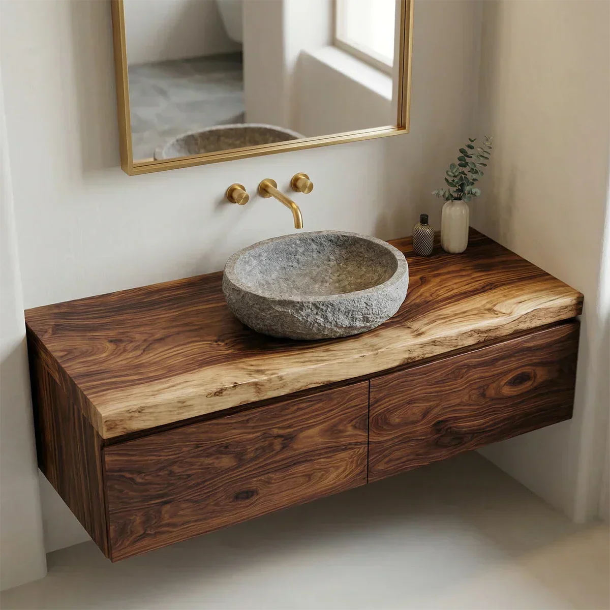 Floating Traditional Bathroom Vanity Cabinet in Natural Solid Wood - Elitegemse