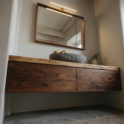 Floating Traditional Bathroom Vanity Cabinet in Natural Solid Wood - Elitegemse