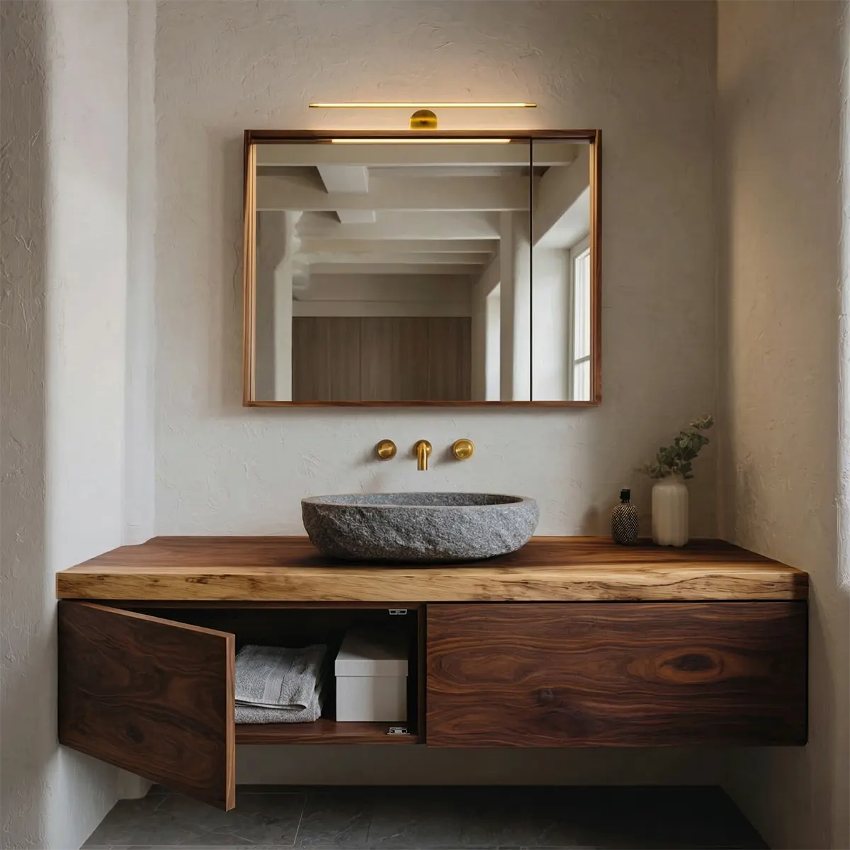 Floating Traditional Bathroom Vanity Cabinet in Natural Solid Wood - Elitegemse
