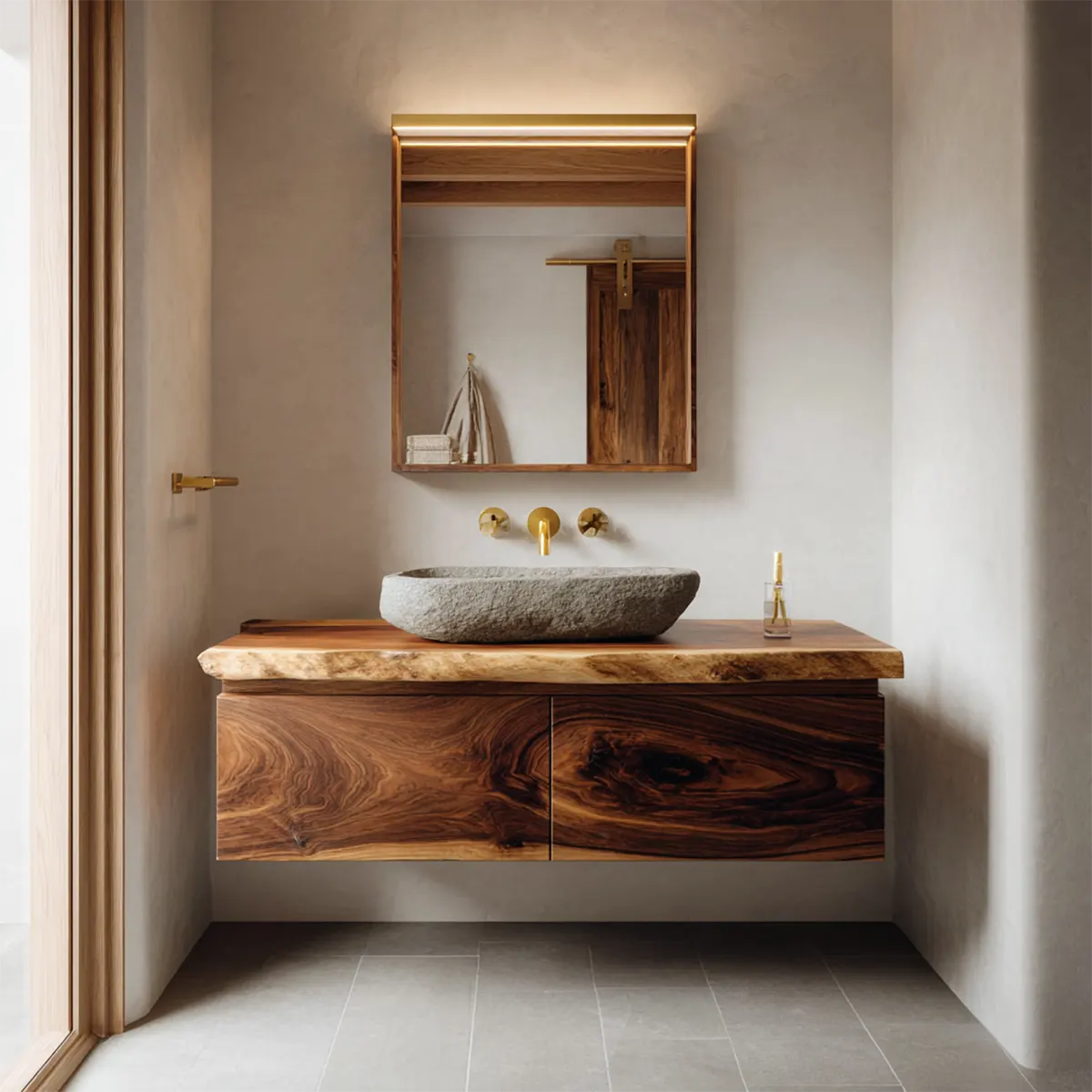 Floating Traditional Bathroom Vanity Cabinet in Natural Solid Wood - Elitegemse