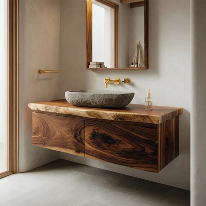 Floating Traditional Bathroom Vanity Cabinet in Natural Solid Wood - Elitegemse