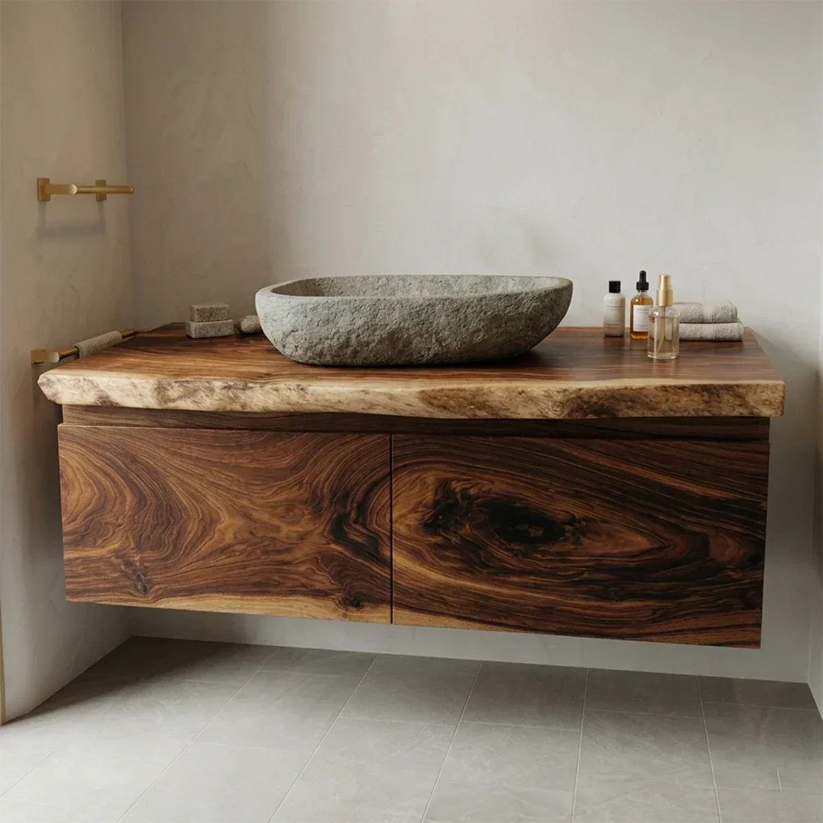 Floating Traditional Bathroom Vanity Cabinet in Natural Solid Wood - Elitegemse