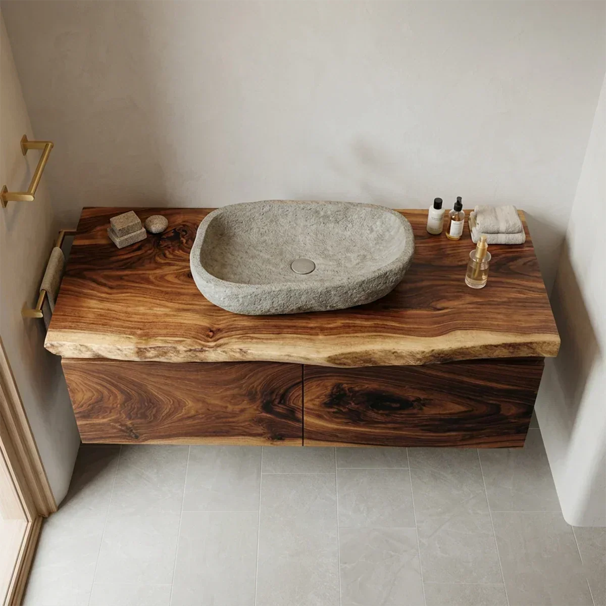 Floating Traditional Bathroom Vanity Cabinet in Natural Solid Wood - Elitegemse