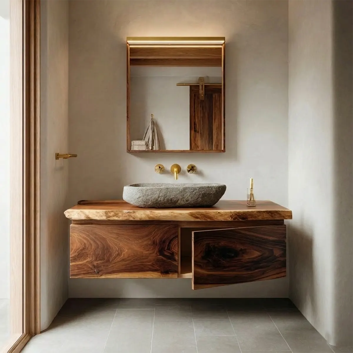 Floating Traditional Bathroom Vanity Cabinet in Natural Solid Wood - Elitegemse