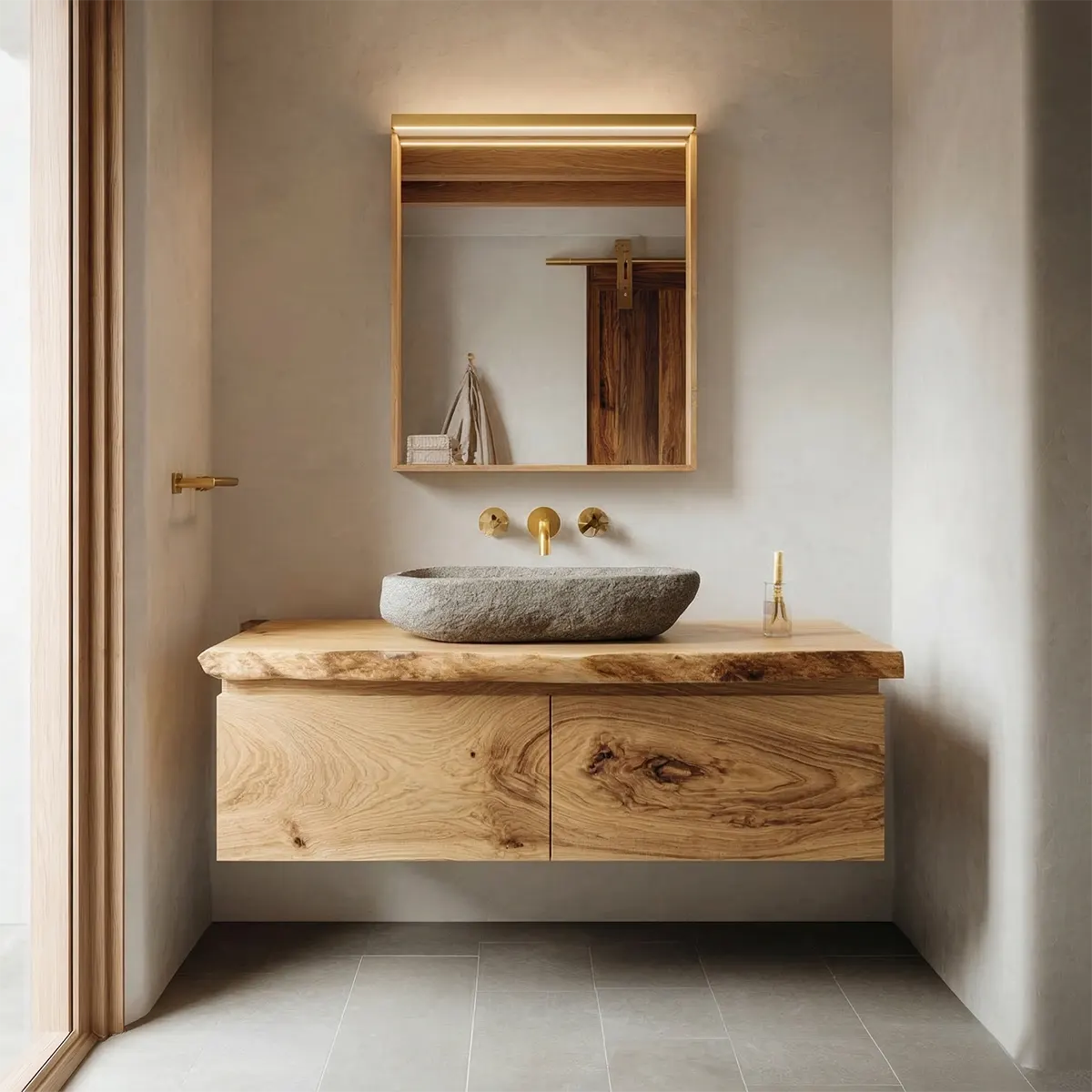 Floating Traditional Bathroom Vanity Cabinet in Natural Solid Wood - Elitegemse