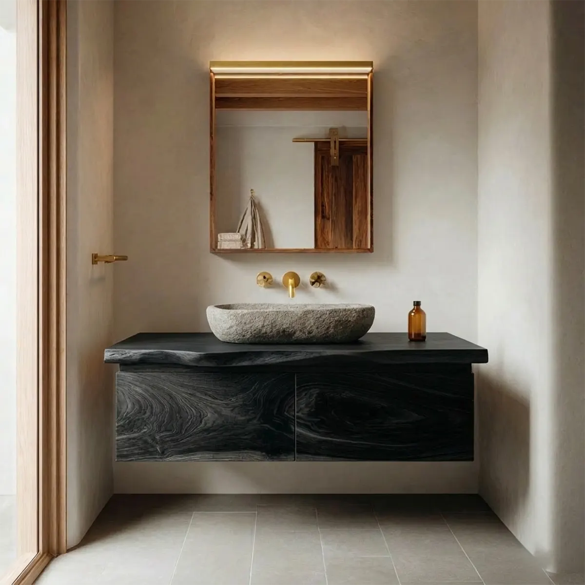 Floating Traditional Bathroom Vanity Cabinet in Natural Solid Wood - Elitegemse