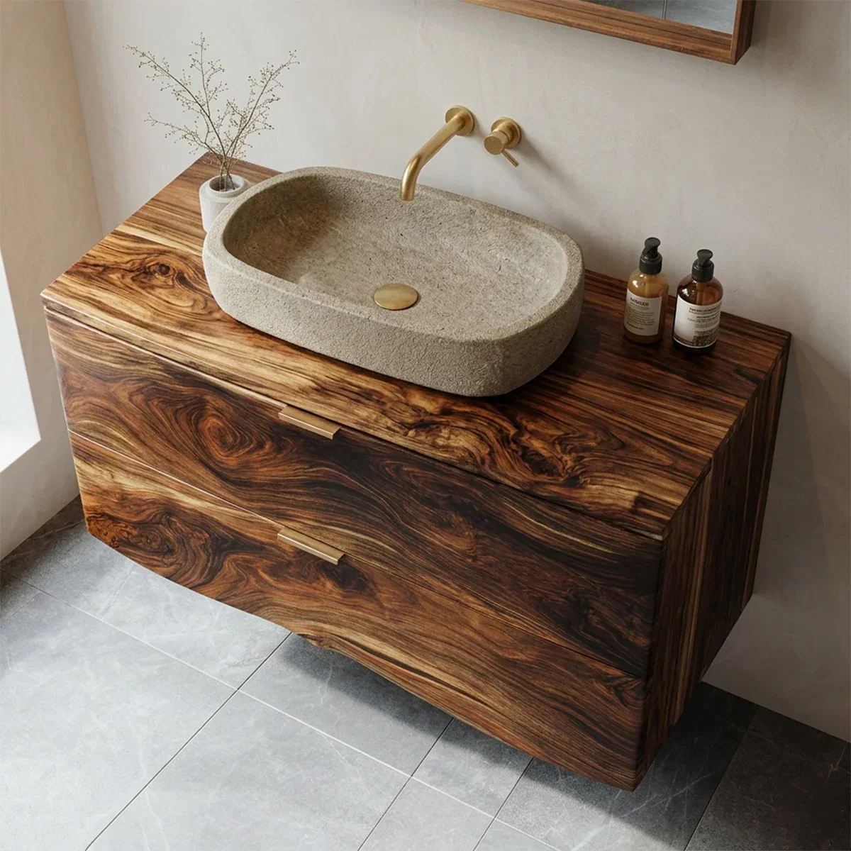 Floating Traditional Bathroom Vanity Cabinet in Natural Solid Wood - Elitegemse