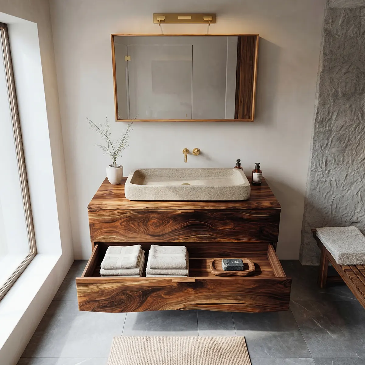 Floating Traditional Bathroom Vanity Cabinet in Natural Solid Wood - Elitegemse