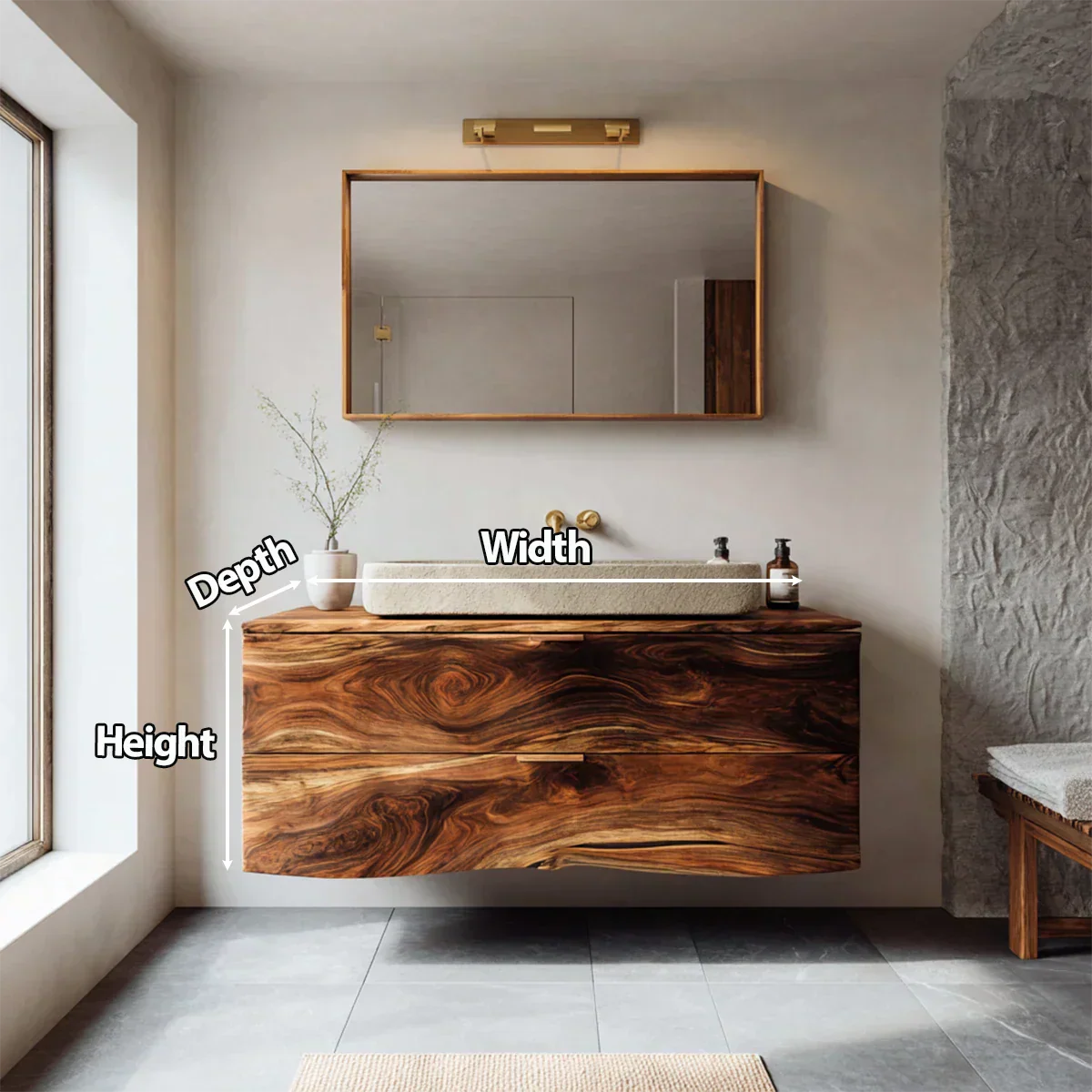 Floating Traditional Bathroom Vanity Cabinet in Natural Solid Wood - Elitegemse