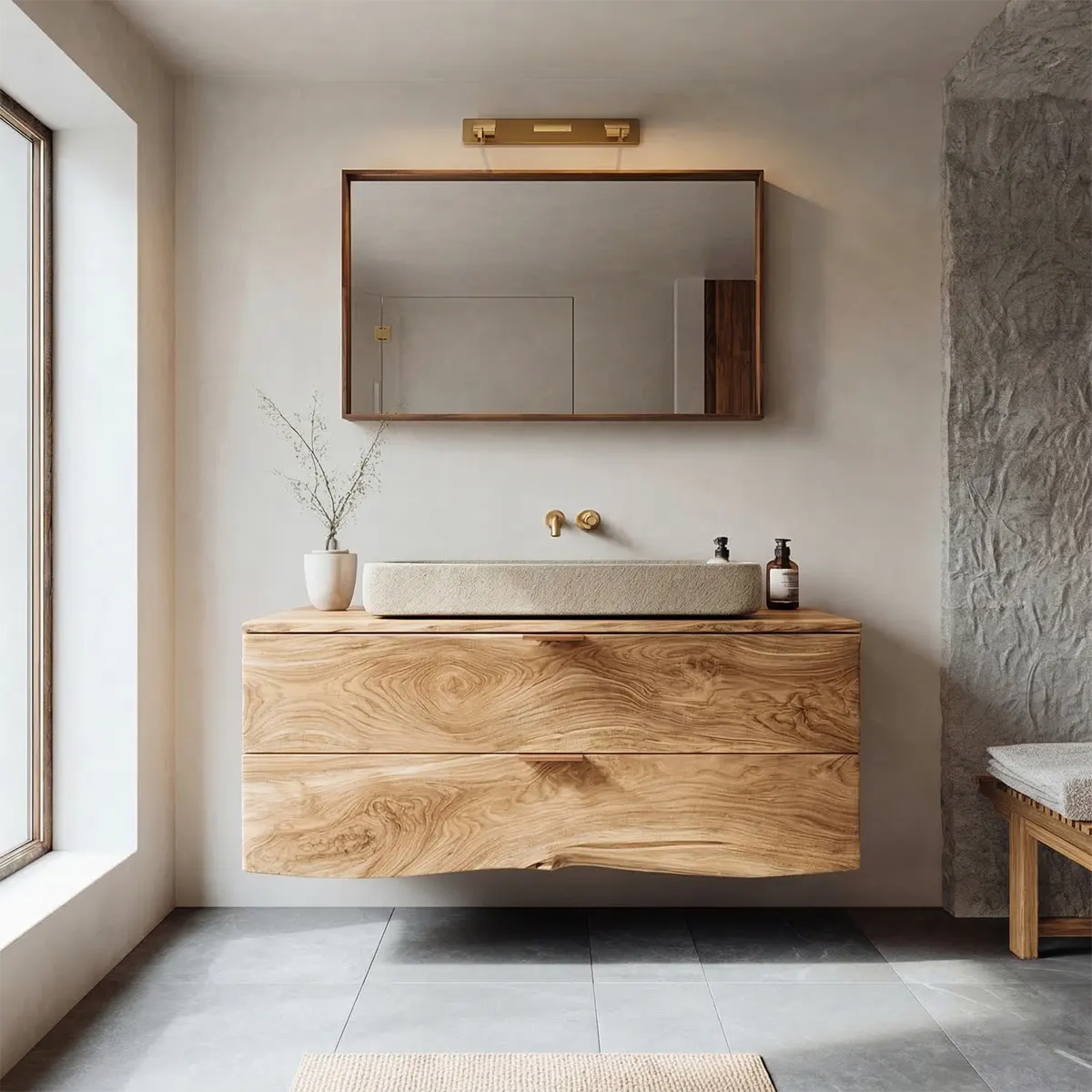 Floating Traditional Bathroom Vanity Cabinet in Natural Solid Wood - Elitegemse