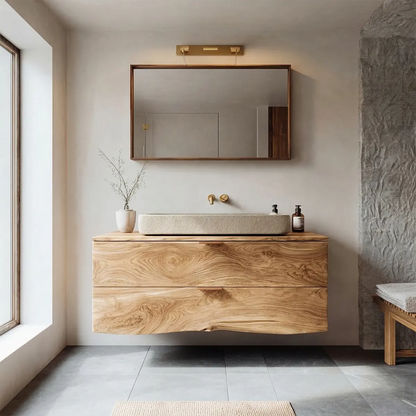 Floating Traditional Bathroom Vanity Cabinet in Natural Solid Wood - Elitegemse
