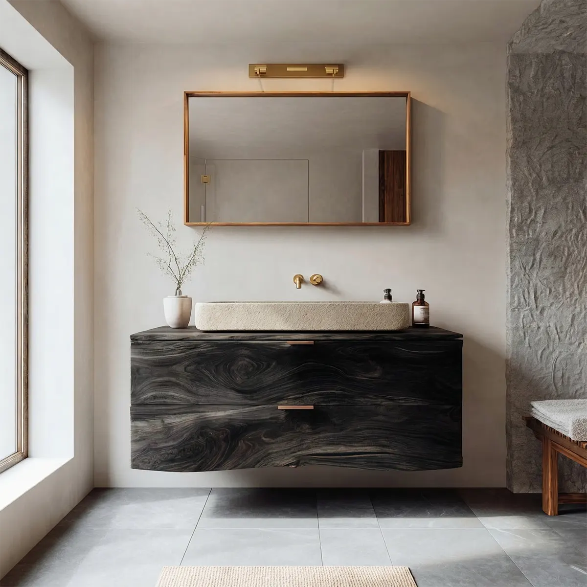 Floating Traditional Bathroom Vanity Cabinet in Natural Solid Wood - Elitegemse
