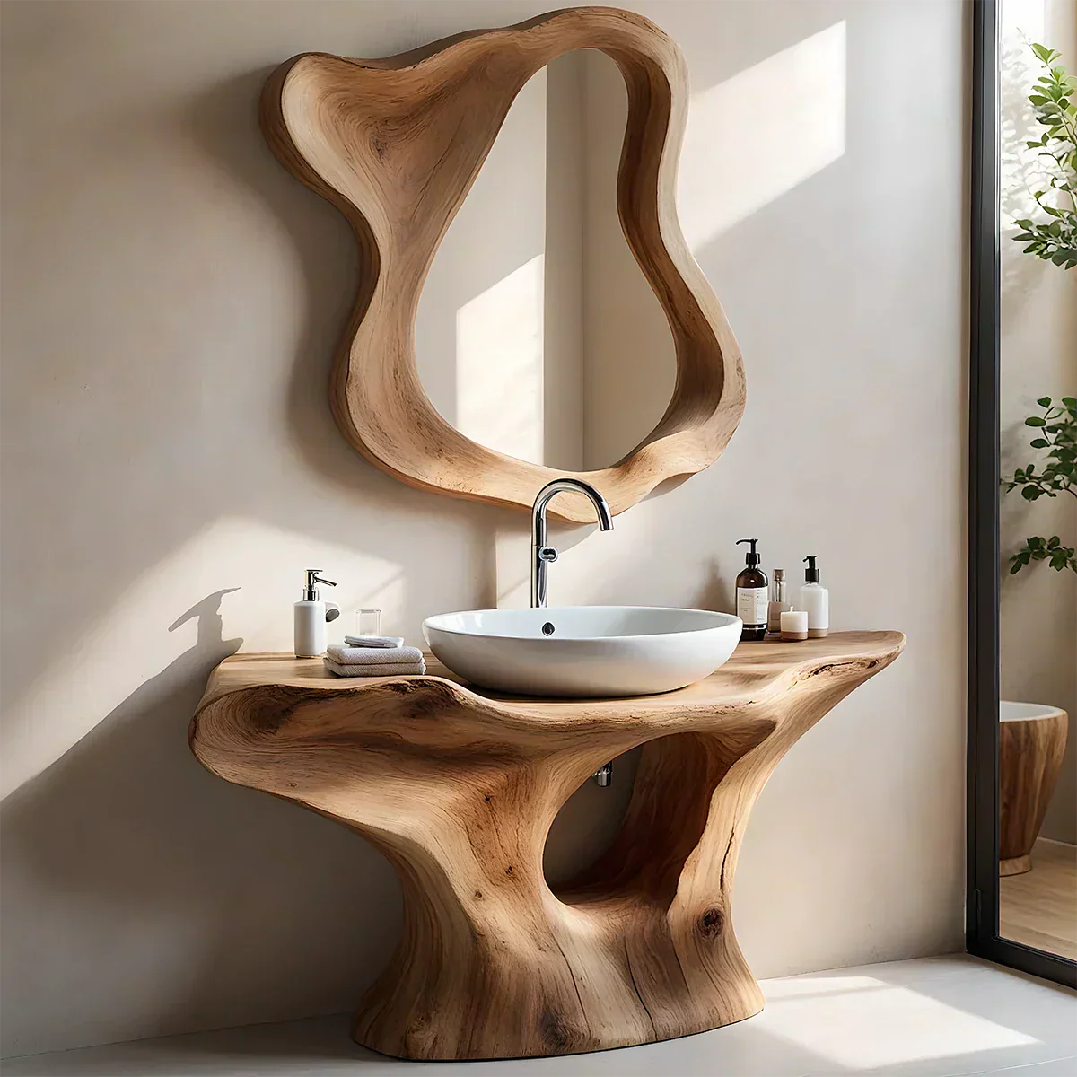 Flow Bathroom Vanity – Natural Solid Wood Sculptural Sink Console - Elitegemse