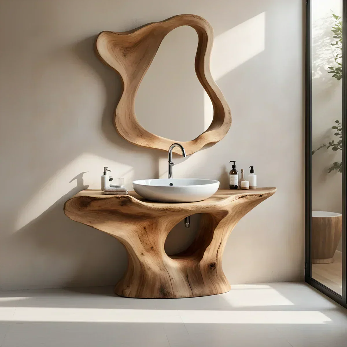 Flow Bathroom Vanity – Natural Solid Wood Sculptural Sink Console - Elitegemse