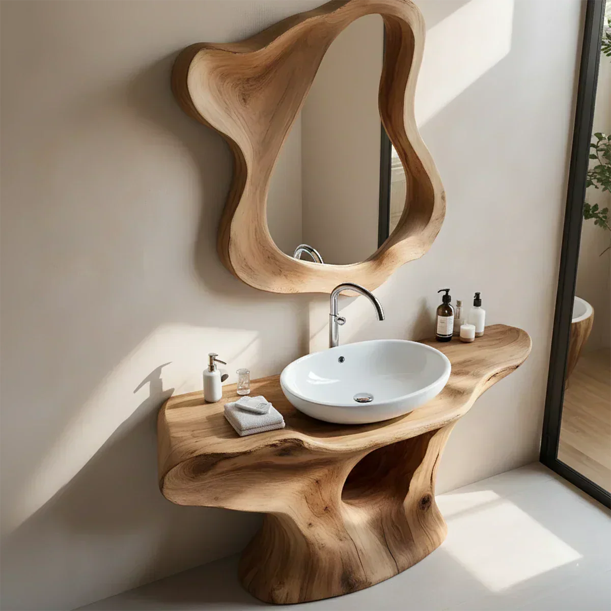 Flow Bathroom Vanity – Natural Solid Wood Sculptural Sink Console - Elitegemse