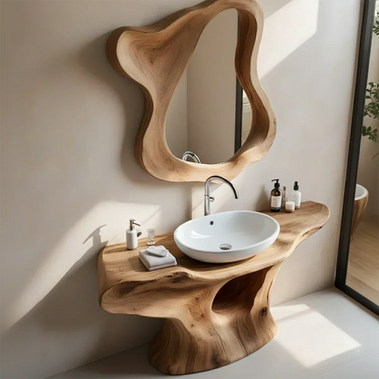 Flow Bathroom Vanity – Natural Solid Wood Sculptural Sink Console - Elitegemse