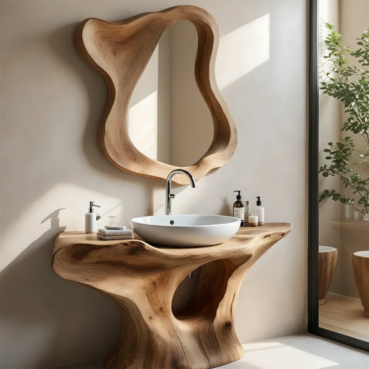 Flow Bathroom Vanity – Natural Solid Wood Sculptural Sink Console - Elitegemse