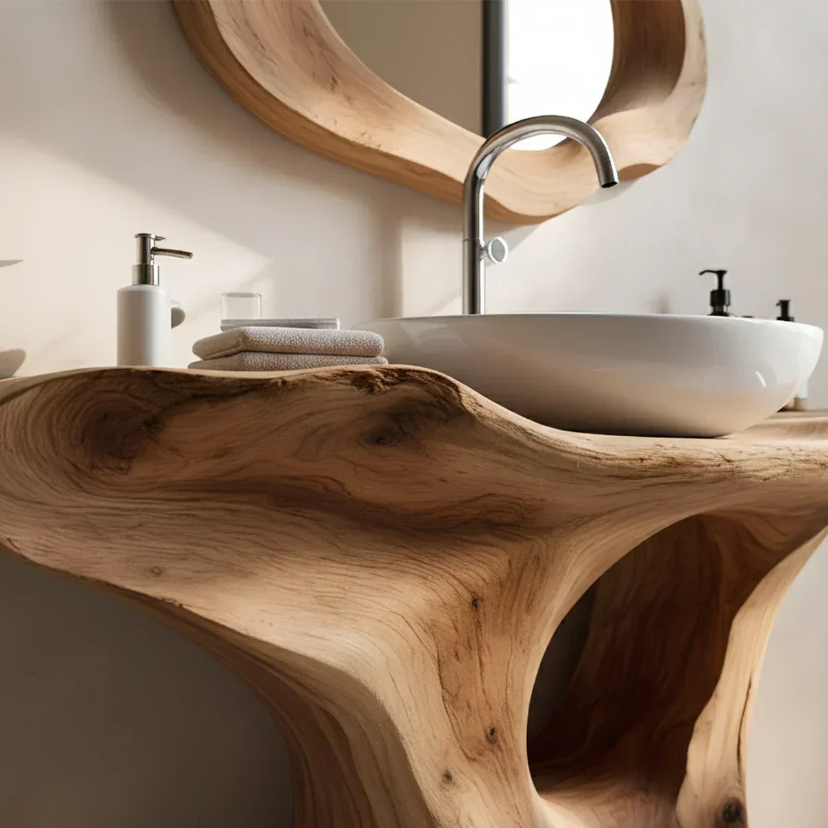 Flow Bathroom Vanity – Natural Solid Wood Sculptural Sink Console - Elitegemse