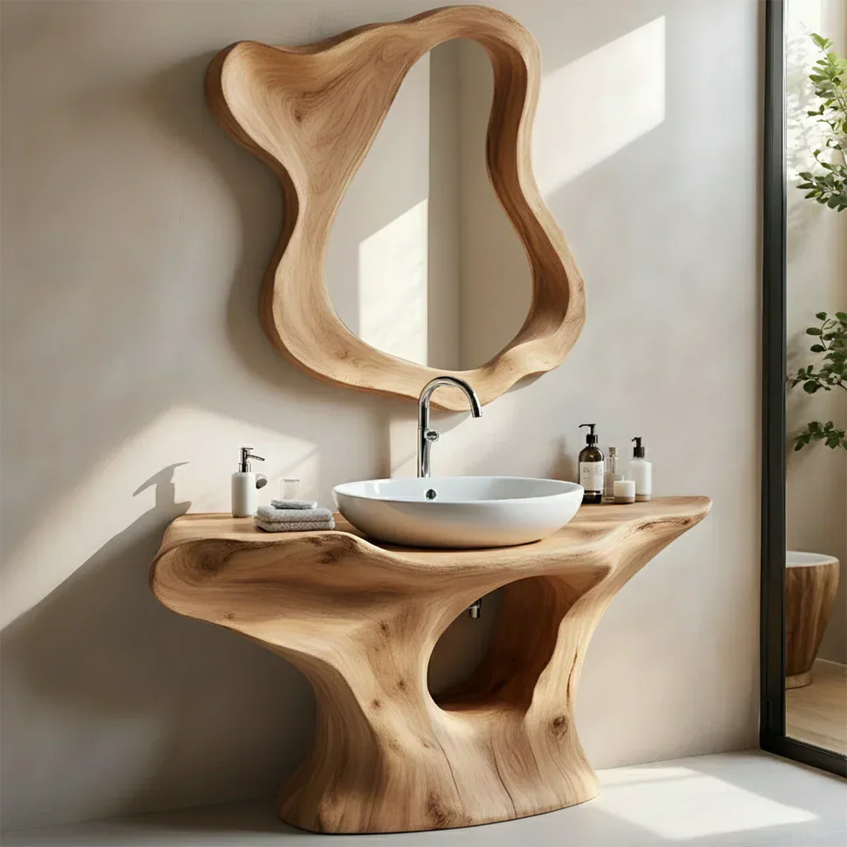 Flow Bathroom Vanity – Natural Solid Wood Sculptural Sink Console - Elitegemse
