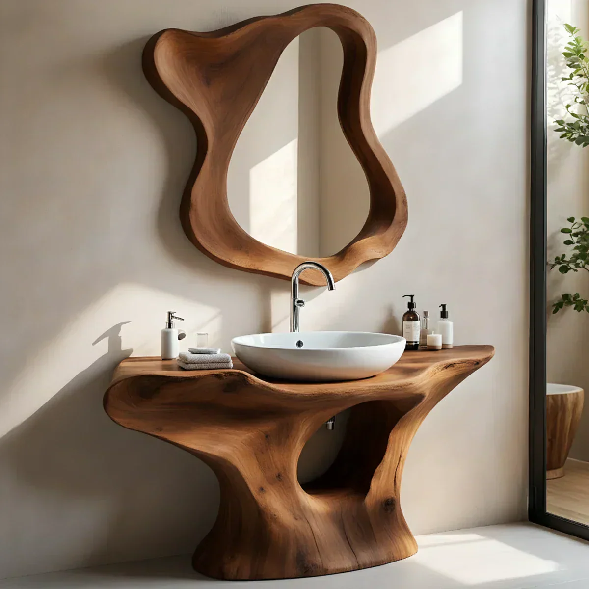 Flow Bathroom Vanity – Natural Solid Wood Sculptural Sink Console - Elitegemse