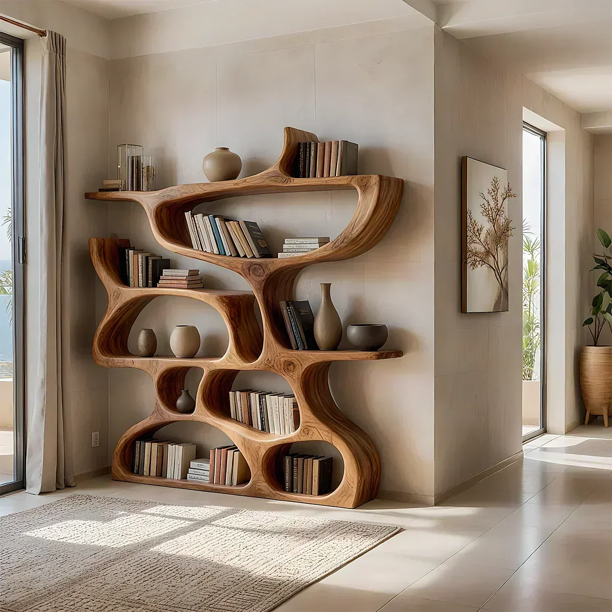 Flow Solid Wood Bookshelf – Sculpted Form Edition - Woodenecho
