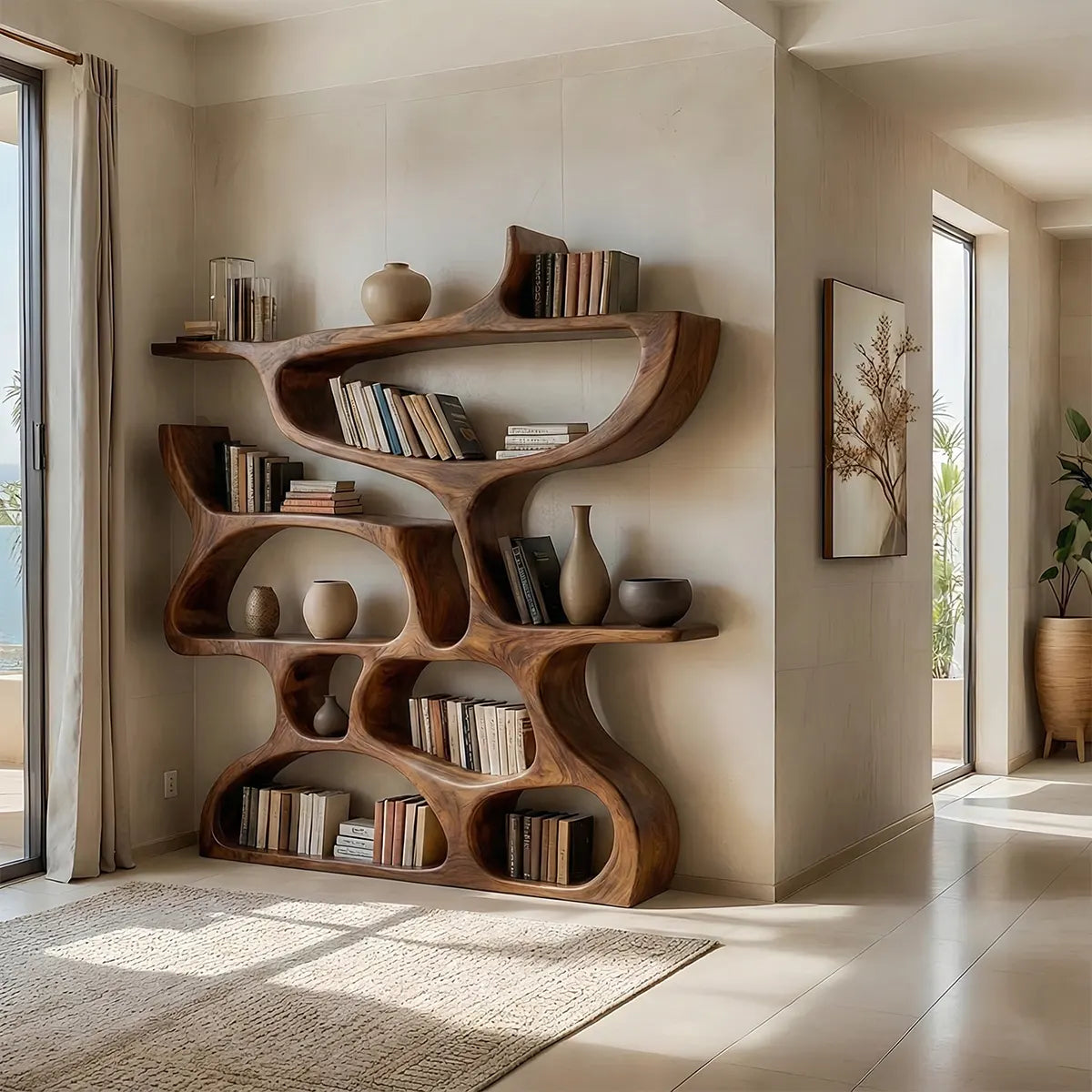 Flow Solid Wood Bookshelf – Sculpted Form Edition - Woodenecho