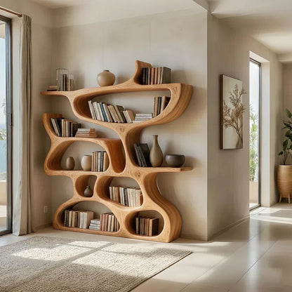 Flow Solid Wood Bookshelf – Sculpted Form Edition - Woodenecho
