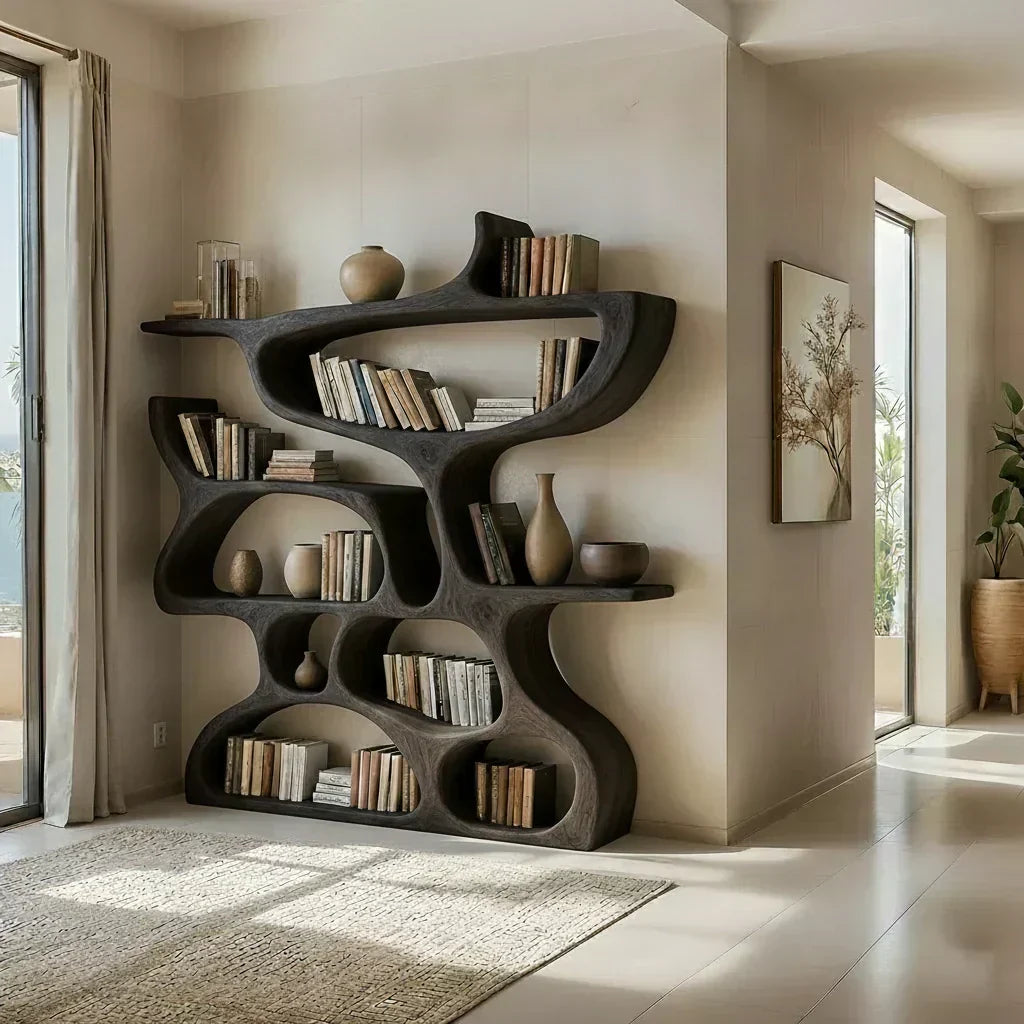 Flow Solid Wood Bookshelf – Sculpted Form Edition - Woodenecho
