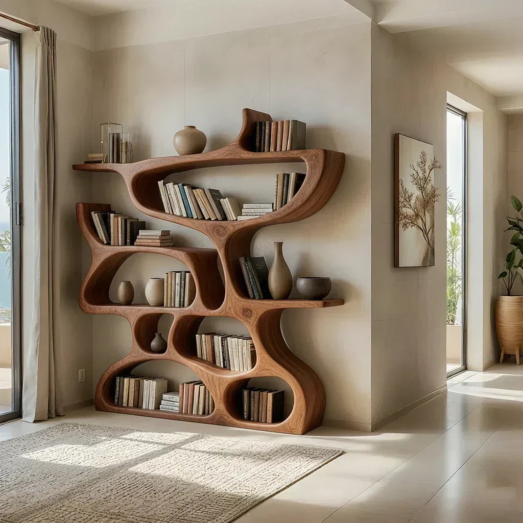 Flow Solid Wood Bookshelf – Sculpted Form Edition - Woodenecho