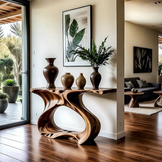 Flowing Walnut Console Table – Artistic Double Form Design - Elitegemse