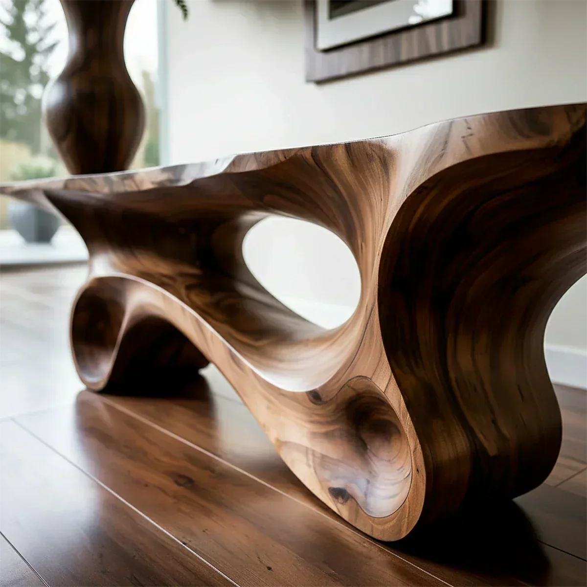 Fluid Twist Walnut Finish Console Table – Modern Sculptural Wood - Woodenecho
